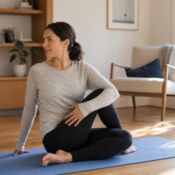 A woman sitting on a mat in a seated spinal twist in her living room.