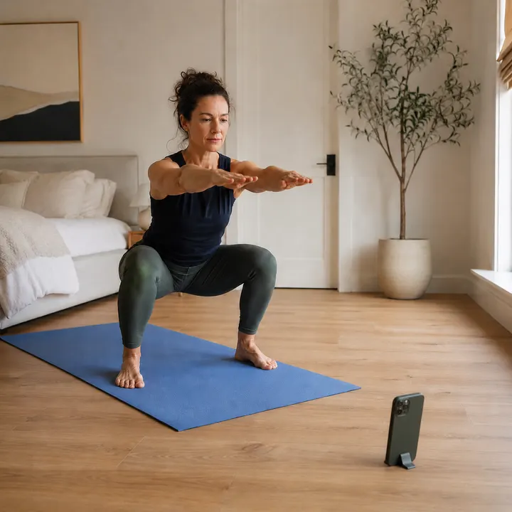A woman holding a deep bodyweight squat with her arms reaching forward beside her bed.